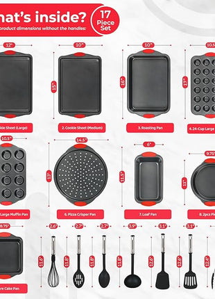 PERLLI Non-Stick 17-Piece Baking Pan Set, BPA-Free Carbon Steel Bakeware Set with Silicone Handles, Stackable Kitchen Oven Set, Cookie Sheet, Baking Tray, Baking Sheet Set, Utensils, Oven Safe (446°F)
