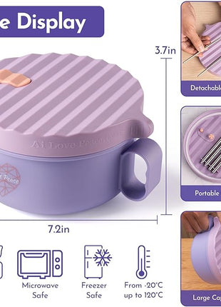 AI LOVE PEACE Ramen Bowls, 40 oz Large Microwavable Noodle Bowls (2 Purple) with Chopsticks, Sporks, and Utensil Bag, Portable Microwave Bowl for Home, Office, Dorm, or College Gift.