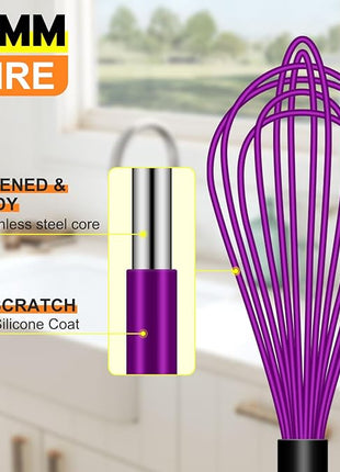 HOTEC 4 Pieces Silicone Whisks for Cooking, Wire Balloon Whisks Egg Beater, Non-slip Handle Whisk for Non-stick Cookware Perfect for Cooking, Stirring, Beating and Blending (Purple)