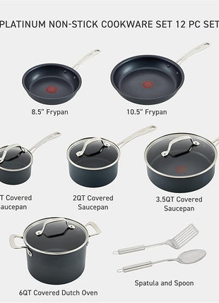 T-fal Platinum Non Stick Cookware Set 12 Piece, Induction, Oven Broiler Safe 500F, Kitchen Cooking Set W/Fry Pans, Saucepans, Saute Pan, Dutch Oven, Utensils, Pots and Pans, Dishwasher Safe, Slate