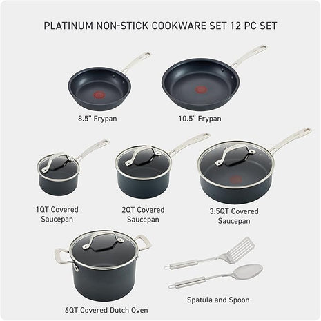 T-fal Platinum Non Stick Cookware Set 12 Piece, Induction, Oven Broiler Safe 500F, Kitchen Cooking Set W/Fry Pans, Saucepans, Saute Pan, Dutch Oven, Utensils, Pots and Pans, Dishwasher Safe, Slate