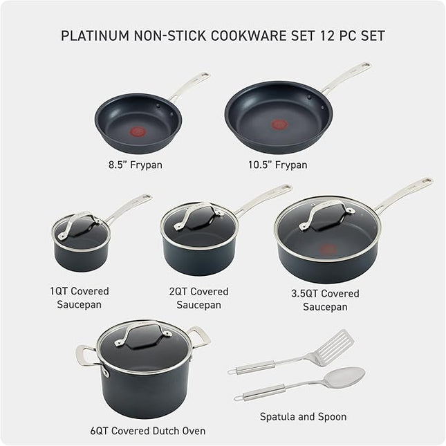 T-fal Platinum Non Stick Cookware Set 12 Piece, Induction, Oven Broiler Safe 500F, Kitchen Cooking Set W/Fry Pans, Saucepans, Saute Pan, Dutch Oven, Utensils, Pots and Pans, Dishwasher Safe, Slate