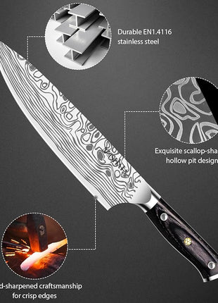 MOSFiATA 8" Super Sharp Professional Chef's Knife with Finger Guard and Knife Sharpener, German High Carbon Stainless Steel EN1.4116 with Micarta Handle and Gift Box