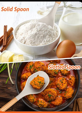 Large Silicone Cooking Spoons, 2 Pack Nonstick Solid and Slotted Wooden handle Spoon Set, Heat Resistan Silicone Kitchen Spoons for Cooking, Serving, Basting, Mixing (Khaki)