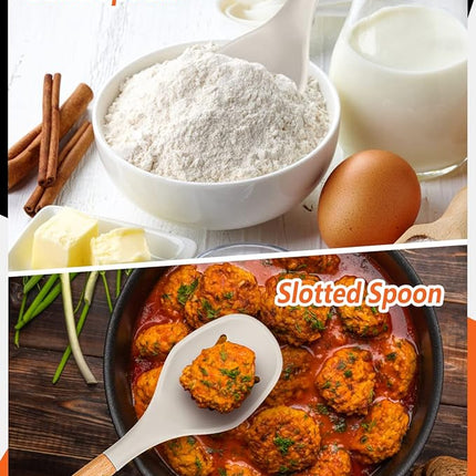 Large Silicone Cooking Spoons, 2 Pack Nonstick Solid and Slotted Wooden handle Spoon Set, Heat Resistan Silicone Kitchen Spoons for Cooking, Serving, Basting, Mixing (Khaki)