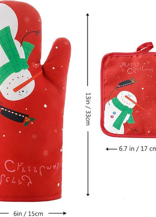 Oven Mitts and Potholders BBQ Gloves-Oven Mitts and Pot Holders with Recycled Infill Silicone Non-Slip Cooking Gloves for Cooking Baking Grilling (4-Piece Set) (Red Christmas Snow)