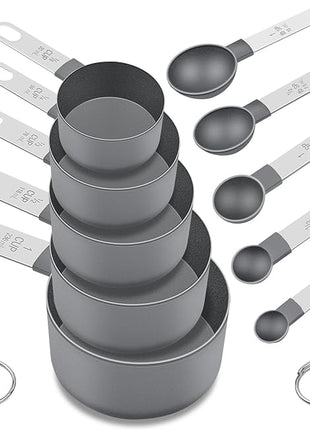 Measuring Cups and Spoons Set of 10 Pieces, Nesting Measure Cups Spoons with Stainless Steel Handle for Dry & Liquid Ingredient, Kitchen Gadgets, Grey