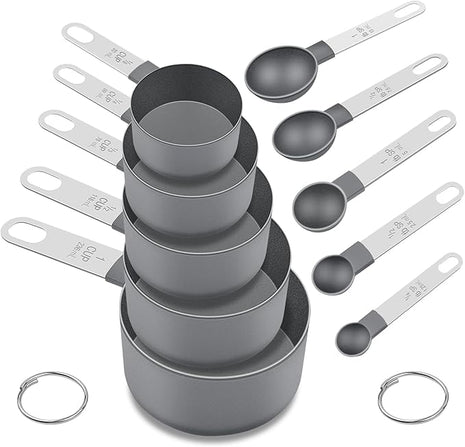 Measuring Cups and Spoons Set of 10 Pieces, Nesting Measure Cups Spoons with Stainless Steel Handle for Dry & Liquid Ingredient, Kitchen Gadgets, Grey