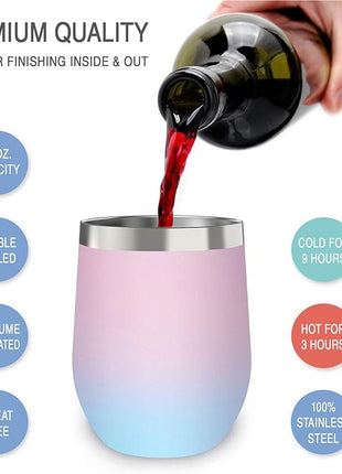 CHILLOUT LIFE 12 oz Stainless Steel Wine Tumbler with Lid - Double Wall Vacuum Insulated Wine Cup Glass Keeping Cold & Hot for Coffee, Champagne, Cocktails, Ice Cream - Powder Coated Pink/Teal