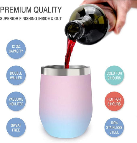 CHILLOUT LIFE 12 oz Stainless Steel Wine Tumblers 4 Pack - Double Wall Vacuum Insulated Wine Glasses Cups with Lids and Straws Set Keeping Cold & Hot for Coffee, Beer, Ice Cream - Powder Coated