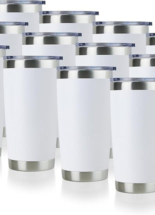 DOMICARE 20oz Stainless Steel Tumbler Bulk with Lid, Double Wall Vacuum Insulated Travel Mug, Powder Coated Coffee Cup, Powder White, 12 Pack