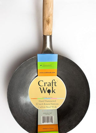 Craft Wok Traditional Hand Hammered Chinese Carbon Steel Wok with Wooden and Steel Helper Handle (12 Inch, Round Bottom Pow Wok Pan) / 731W88-12in