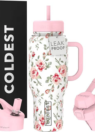 Coldest Tumbler with Handle and Straw - 100% Leak Proof Insulated Tumbler with Lid and Straw (3 Lids) - Stainless Steel Tumblers for Women & Men - Cup Holder Friendly Base, 36 oz (Pink Petals)