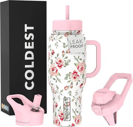 Coldest Tumbler with Handle and Straw - 100% Leak Proof Insulated Tumbler with Lid and Straw (3 Lids) - Stainless Steel Tumblers for Women & Men - Cup Holder Friendly Base, 36 oz (Pink Petals)