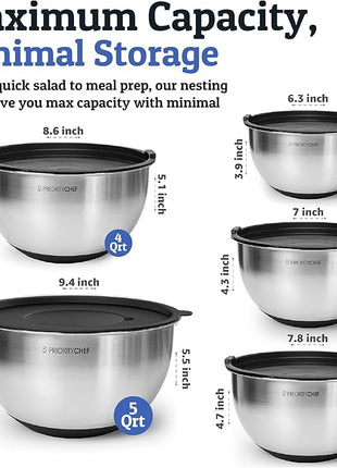 Priority Chef Stainless Steel Mixing Bowls with Lids Set, Metal Nesting Bowls with Airtight Lids, Graters, Non-Slip Base & Measurement Marks, Includes Utensil Set for Prep, Baking & Storage, Black