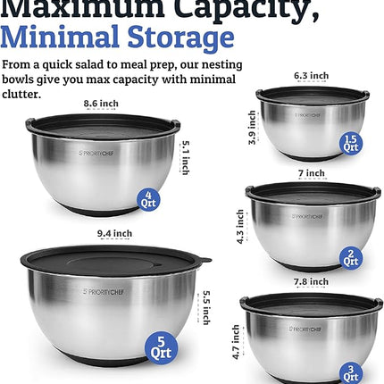 Priority Chef Stainless Steel Mixing Bowls with Lids Set, Metal Nesting Bowls with Airtight Lids, Graters, Non-Slip Base & Measurement Marks, Includes Utensil Set for Prep, Baking & Storage, Black