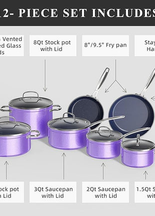 Nuwave Healthy Duralon Blue Ceramic Nonstick Cookware Set, Diamond Infused Scratch-Resistant, PFAS Free, Dishwasher & Oven Safe, Induction Ready & Evenly Heats, Tempered Glass Lids & Stay-Cool Handles