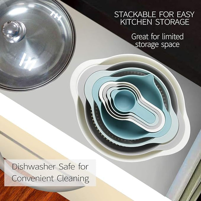 Plastic Mixing Bowls - Multicolored Mixing Bowl Set of 8, Nest for Easy Storage, Inculding Measuring Cups, Colander, Sifter, Large Bowl, Great for Cooking and Baking, Rv Camping Accessories, No BPA