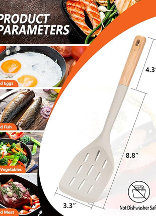 Pack of 2 Silicone Spatula, Non Stick Cooking Utensil Set Wooden Handle Kitchen Turner for Baking Mixing Grilling Serving Food Heat Resistant Non Scratch Hooks Included (Khaki)