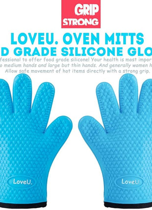 Kitchen Oven Gloves - Dual-Layer Heat Resistant Grilling Gloves, Silicone Oven Mitts with 5 Fingers, Waterproof Non-Slip Pot Holder for Barbecue, Cooking, Baking (XL-XXXL, Blue)