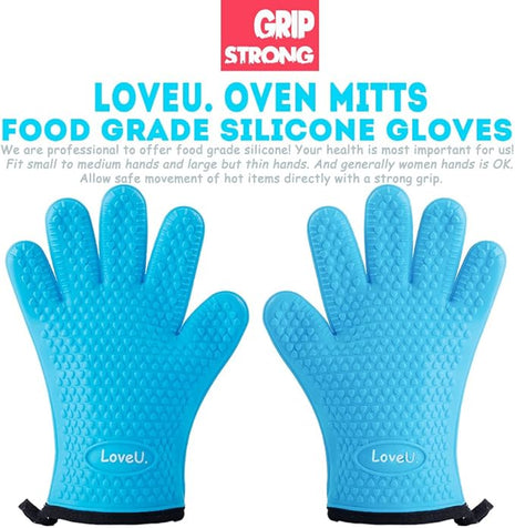 Kitchen Oven Gloves - Dual-Layer Heat Resistant Grilling Gloves, Silicone Oven Mitts with 5 Fingers, Waterproof Non-Slip Pot Holder for Barbecue, Cooking, Baking (XL-XXXL, Blue)
