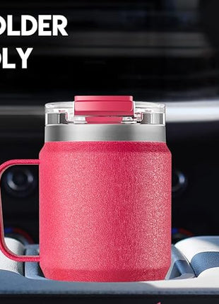 Meoky 24oz Travel Mug, Triple Insulated Stainless Steel Tumbler with Handle and 2-in-1 Straw and Sip Lid, 100% Leak Proof, Keeps Cold for 24 Hours or Hot for 8 Hours, Cupholder Friendly (Ruby)
