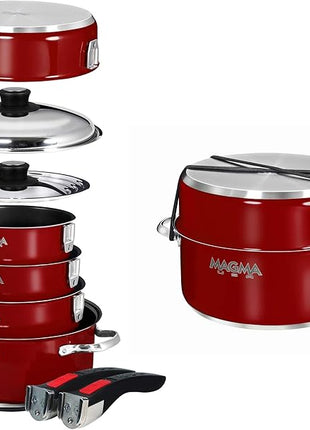 Magma 10 Piece Gourmet Nesting Stainless Steel Cookware Set with Ceramica Non-Stick, Induction Compatible, Oven Safe to 500°F - Suitable for All Stovetops, Removable Handles, Red
