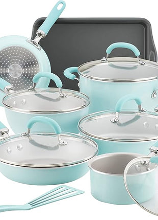 Rachael Ray Create Delicious Nonstick Cookware Pots and Pans Set, 13 Piece, Light Blue Shimmer