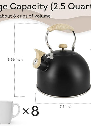Lily's Home Whistling Tea Kettle, Teapot for Stovetop, Pleasant Whistle Sound, Heat Resistant Plastic Handle – Faux Wood Finish, Non Toxic Stove Kettle for Boiling Water - 2.5 Quarts (Black)