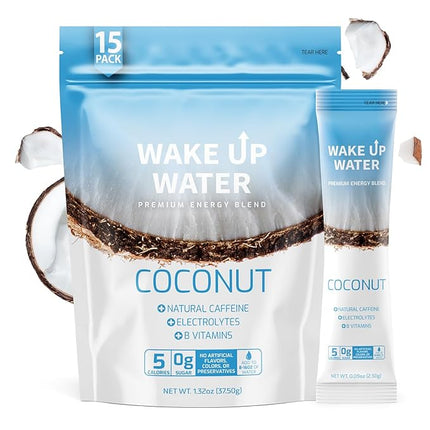 Wake Up Water Energy Drink Mix, Sugar Free Clean Energy Powder with Electrolytes & B Vitamins, Natural Caffeine for Focus & Hydration (15 Pack) - Coconut