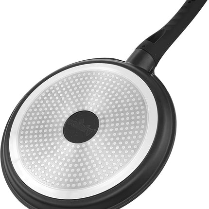 Non Stick 11 Inch Granite Coated Crepe Pan - Lightweight 4.27 Quart Dosa Pan with Comfort Stay Cool Grip Handle - Induction Compatible PFOA Free Tortilla Cookware (Black)