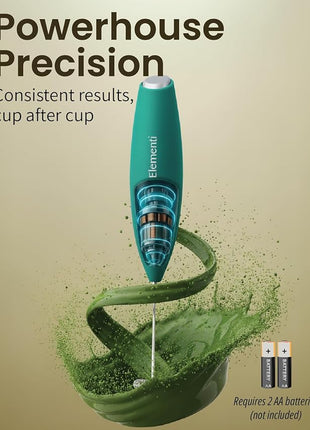 Elementi Matcha Whisk & Frother Set - Powerful Electric Matcha Mixer for Powder, Easy to Use Electric Whisk Kit - Craft Effortless Lattes with the Elementi Milk Frother Wand & Wisk (Emerald Green)