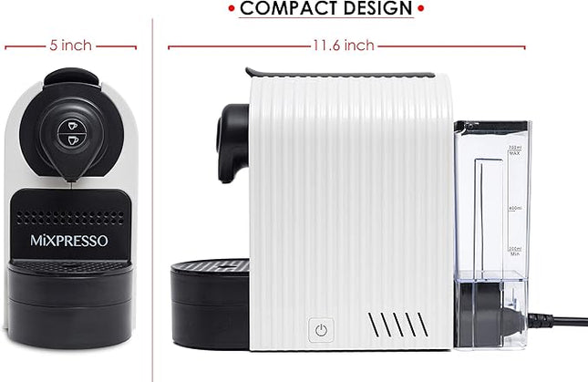 Mixpresso White Espresso Coffee Machine – Compact 1400W Single Serve Coffee Maker Compatible with Nespresso OriginalLine Capsules, One-Touch Operation, 19-Bar Italian Pump, 27oz Water Tank