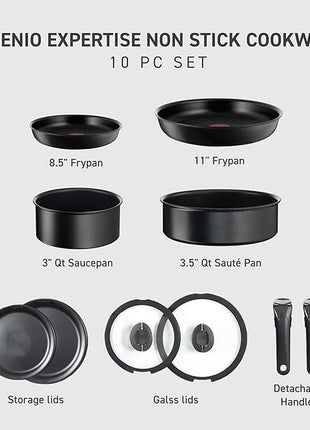 T-fal Ingenio Expertise Non Stick Cookware Set 10 Piece, Induction, Oven Broiler Safe 500F, Stackable Cookware, Pots and Pans Set, RV, Camping, Frying Pans, Dishwasher Safe, Detachable Handle,Black