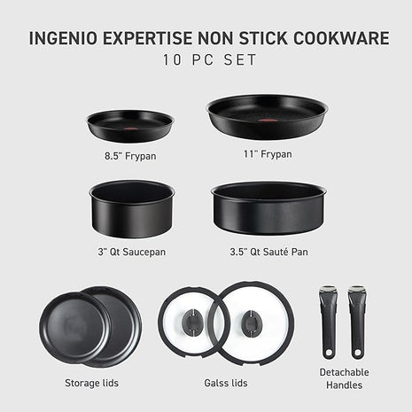 T-fal Ingenio Expertise Non Stick Cookware Set 10 Piece, Induction, Oven Broiler Safe 500F, Stackable Cookware, Pots and Pans Set, RV, Camping, Frying Pans, Dishwasher Safe, Detachable Handle,Black