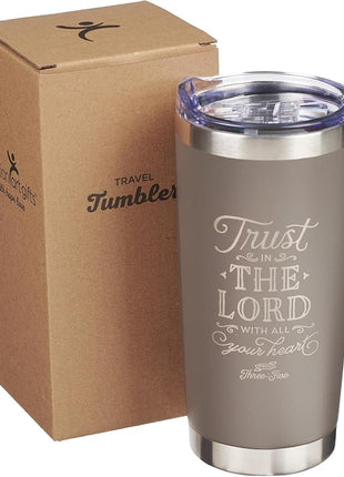 Christian Art Gifts Stainless Steel Double-Wall Vacuum Insulated Travel Mug 18 oz Gray Tumbler with Retractable Lid for Women and Men Bible Verse - Trust in the Lord - Proverbs 3:5