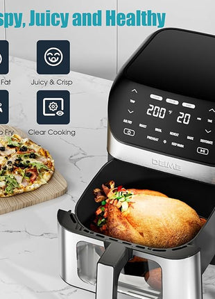 Air Fryer 6.2 QT Large Capacity Oilless Hot Air Fryers Oven 1500W Healthy Cooker with 10 Presets, Digital LCD Touch Screen, Visual Cooking Window, Non-Stick Basket, Included Recipe (Silver-L)