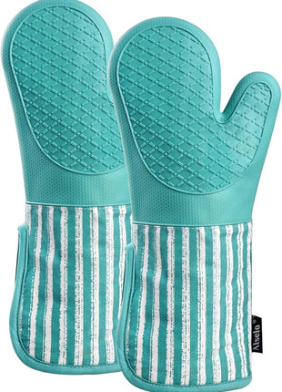 Silicone Oven Mitts Heat Resistant 932℉ with Waterproof & Non-Slip Kitchen Mittens, Set of 2 Extra Long Oven Gloves with Soft Cotton Terry Lining for Baking Cooking Barbecue