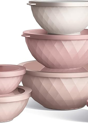 COOK WITH COLOR Mixing Bowls with Lids - 12 Piece Plastic Nesting Bowls Set includes 6 Prep Bowls and 6 Lids, Diamond Design - Microwave Safe, Pink
