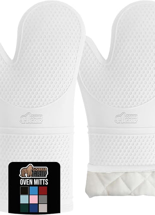 GORILLA GRIP BPA-Free Soft Silicone Oven Mitts, 14.5x8.3, Heat Resistant and Waterproof Cooking Gloves, Thick Cotton Lining, Flexible Gripping for Baking Grilling, Kitchen Potholders Set of 2, White