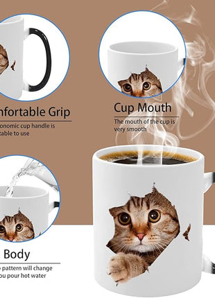 Caliamary Heat Changing Cat Mug - Funny Ceramic Coffee Cup, 11 oz Heat Sensitive Color Changing, Cute Xmas Gift for Women Men Kids