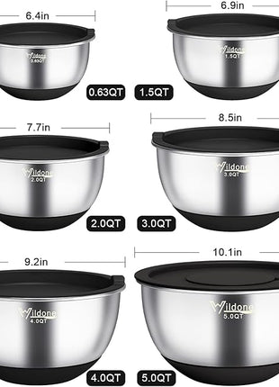 Wildone Mixing Bowls with Airtight Lids, 22 PCS Stainless Steel Nesting Bowls, with 3 Grater Attachments, Scale Marks & Non-Slip Bottom, Size 5, 4, 3, 2,1.5, 0.63QT, Ideal for Mixing & Prepping