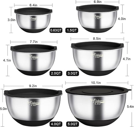 Wildone Mixing Bowls with Airtight Lids, 22 PCS Stainless Steel Nesting Bowls, with 3 Grater Attachments, Scale Marks & Non-Slip Bottom, Size 5, 4, 3, 2,1.5, 0.63QT, Ideal for Mixing & Prepping