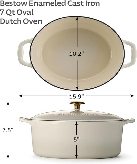 Tramontina Bestow Enameled Cast Iron Oval Dutch Oven Pot with Lid, Large 7-quart, Latte (Gold Knob)