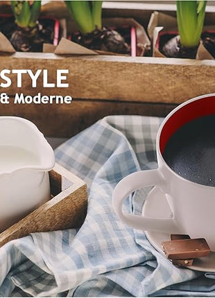 MIAMIO - Set of 6 Stoneware Coffee Mugs 12 Ounce/Cup Set - Le Papillon Collection (White-Red)