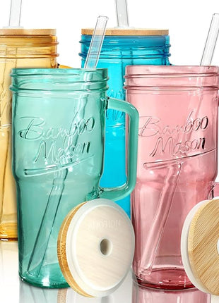 ANOTION Colored Glass Cups with Handle Set of 4, 24oz Glass Cups with Lids and Straws Travel Coffee Mug Bamboo Mason Jar Iced Cup Smoothie Tea Clear Cute Water Drinking Jars Glasses
