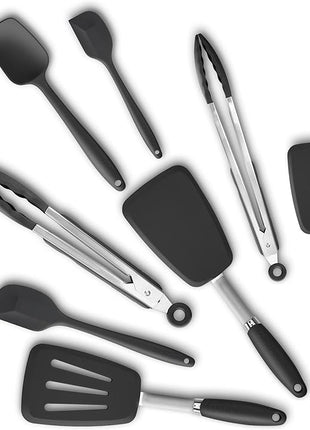 Silicone Spatulas Set Turners Tongs Cooking Utensils Set High Heat Resistant Kitchen Scraper Spatulas for Cooking Mixing Baking BPA Free Dishwasher Safe, Black