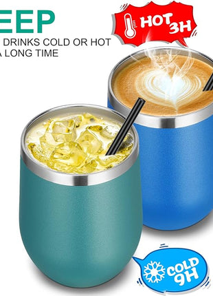 VEGOND 12oz Stainless Steel Wine Tumbler with Lid and Straw, Double Wall Vacuum Insulated Stemless Wine Glass Tumbler Cup, Coffee Mug for Cold Hot Drinks