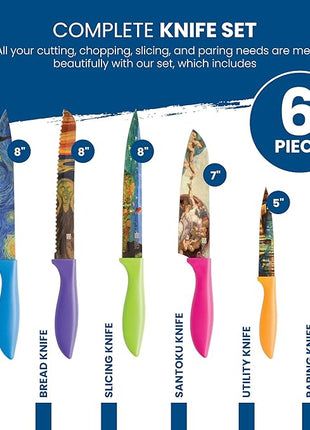 CHEF'S VISION Masterpiece Knife Set -6-Piece Stainless Steel Cutting Knives Set for Kitchen - Stunning Artistic Designs, Great Gift for Women or Men - Unique Kitchen Knife Set Gift for Art Lovers