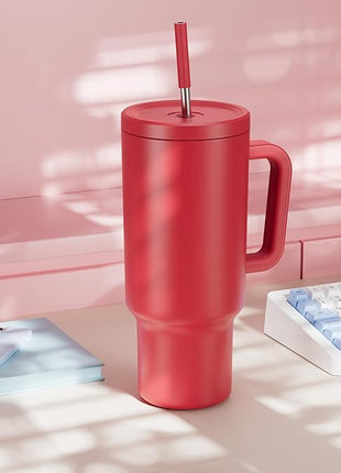 Meoky 40 oz Tumbler with Handle and Straw: Stainless Steel Insulated Tumbler with Lid and Straw - 100% Leak Proof Tumbler for Car Cup Holders - Travelers Commuters Workers, Red